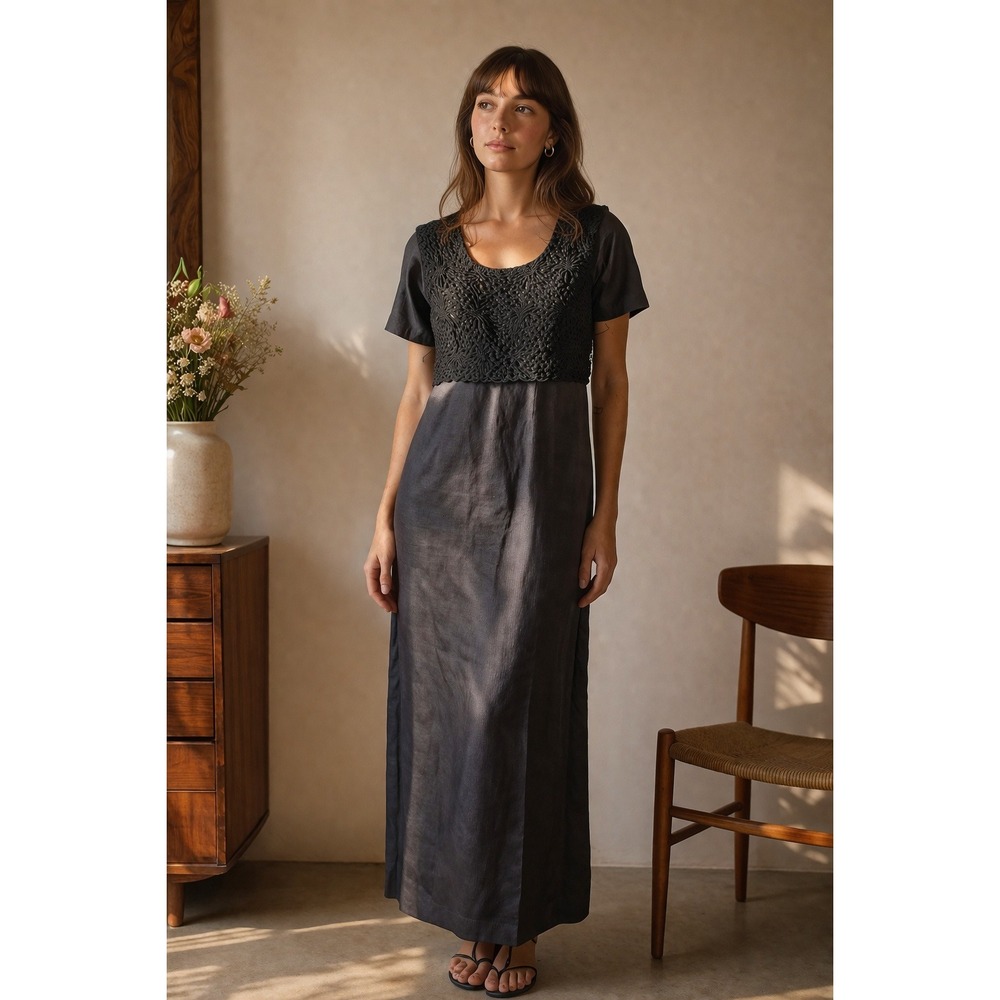Vintage Cali Cali Linen Whimsgoth Midi Dress Black Party Crochet Bohemian Size S
